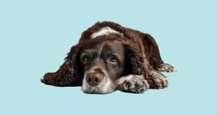 Calm senior spaniel resting peacefully, representing the gentle nature of older dogs available for adoption.