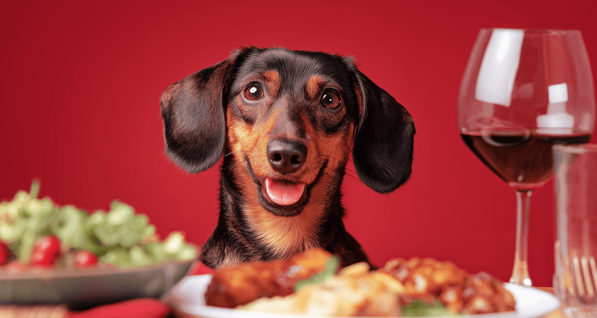 Dachshund sitting at a Christmas dinner table with festive food, highlighting the question can dogs eat Christmas dinner safely.
