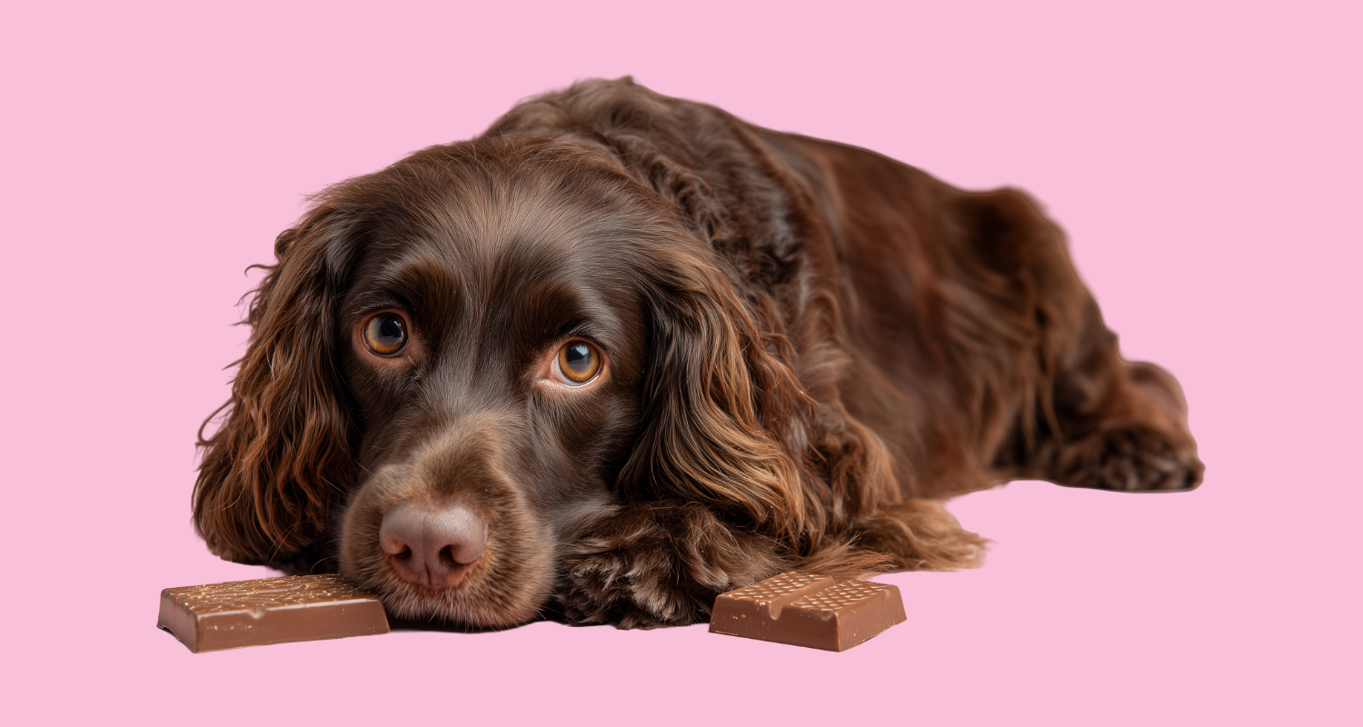 Dog lying beside chocolate bars, illustrating the danger of chocolate poisoning in dogs and why chocolate is toxic for pets.