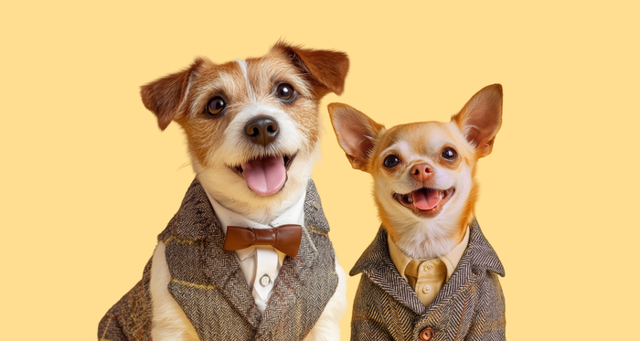 Two happy male dogs in smart outfits, boy dog names, unique, cute and popular ideas