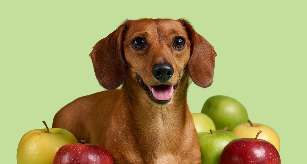 Dachshund sitting beside apples, what fruits can dogs eat safely