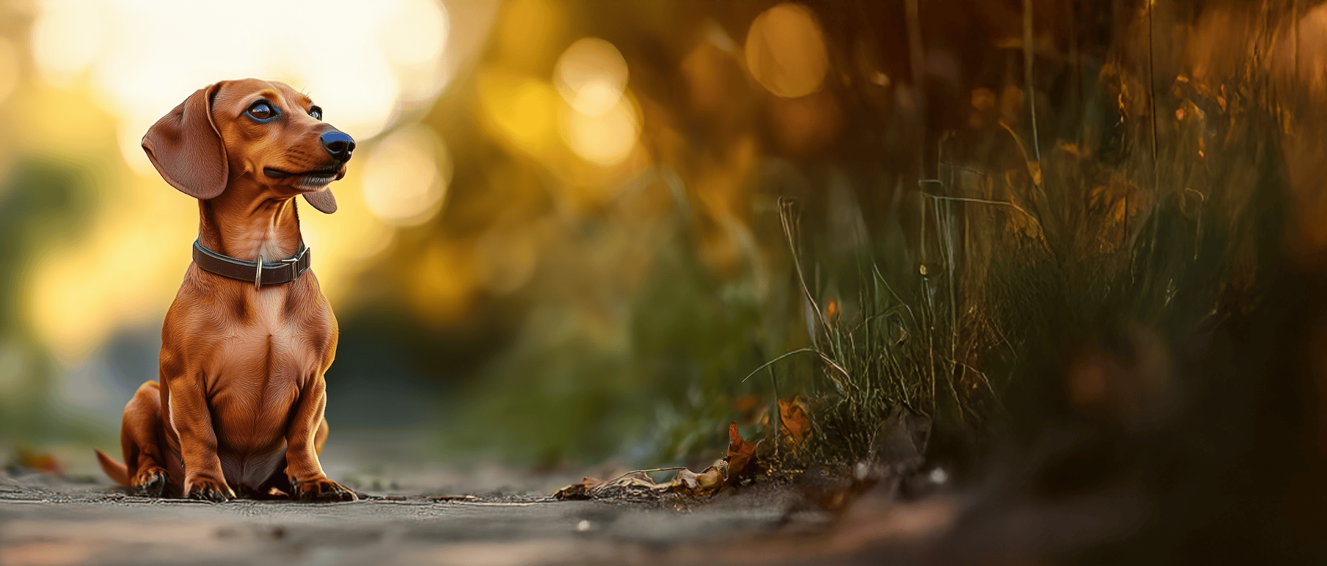 Small dog sitting on a path with a blurred natural background