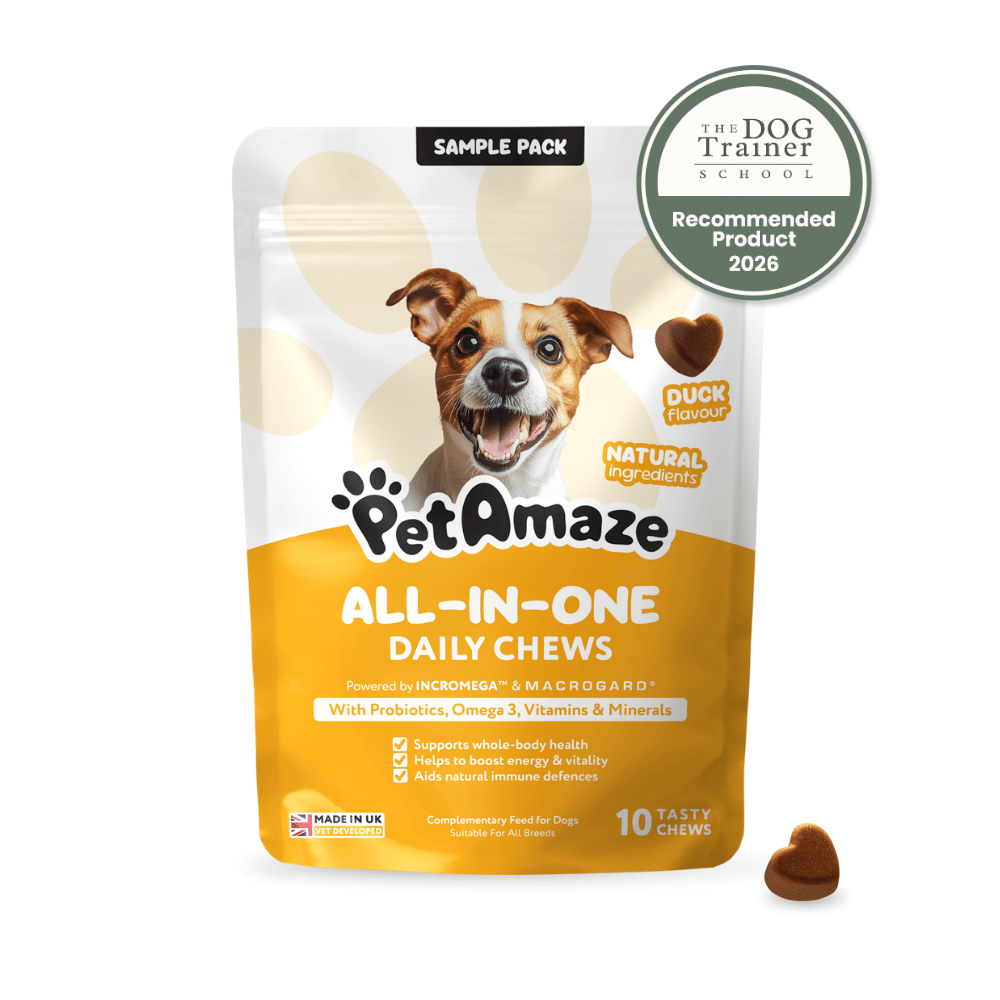 PetAmaze All-in-One Daily Chews for dogs with a sample pack label and 'The Dog Trainer School' recommendation badge.
