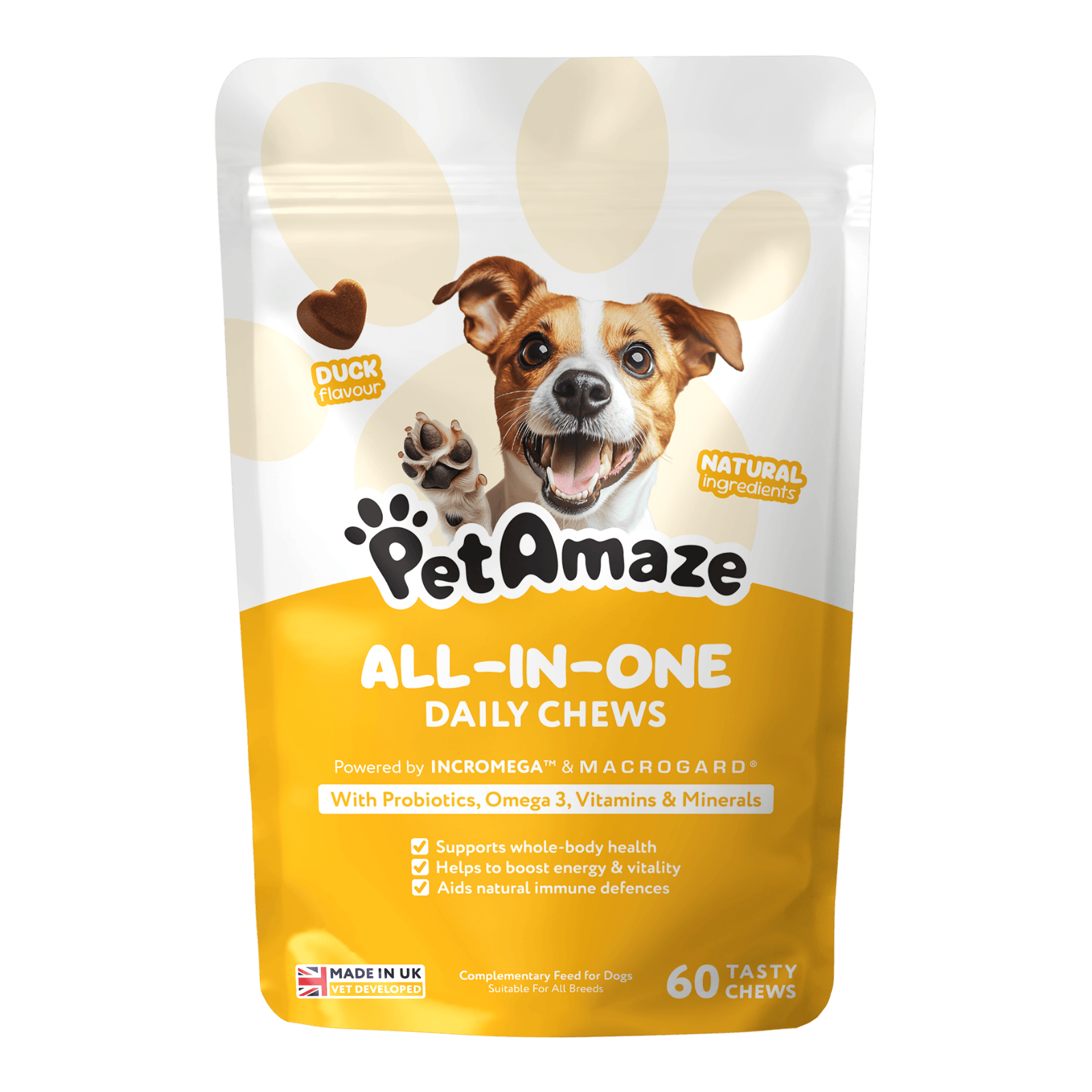 PetAmaze All in One Daily Chews, duck flavour, 60 chews with probiotics, omega-3, vitamins and minerals for dogs