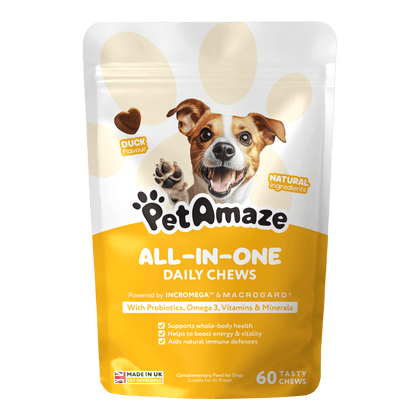 PetAmaze All in One Daily Chews, duck flavour, 60 chews with probiotics, omega-3, vitamins and minerals for dogs