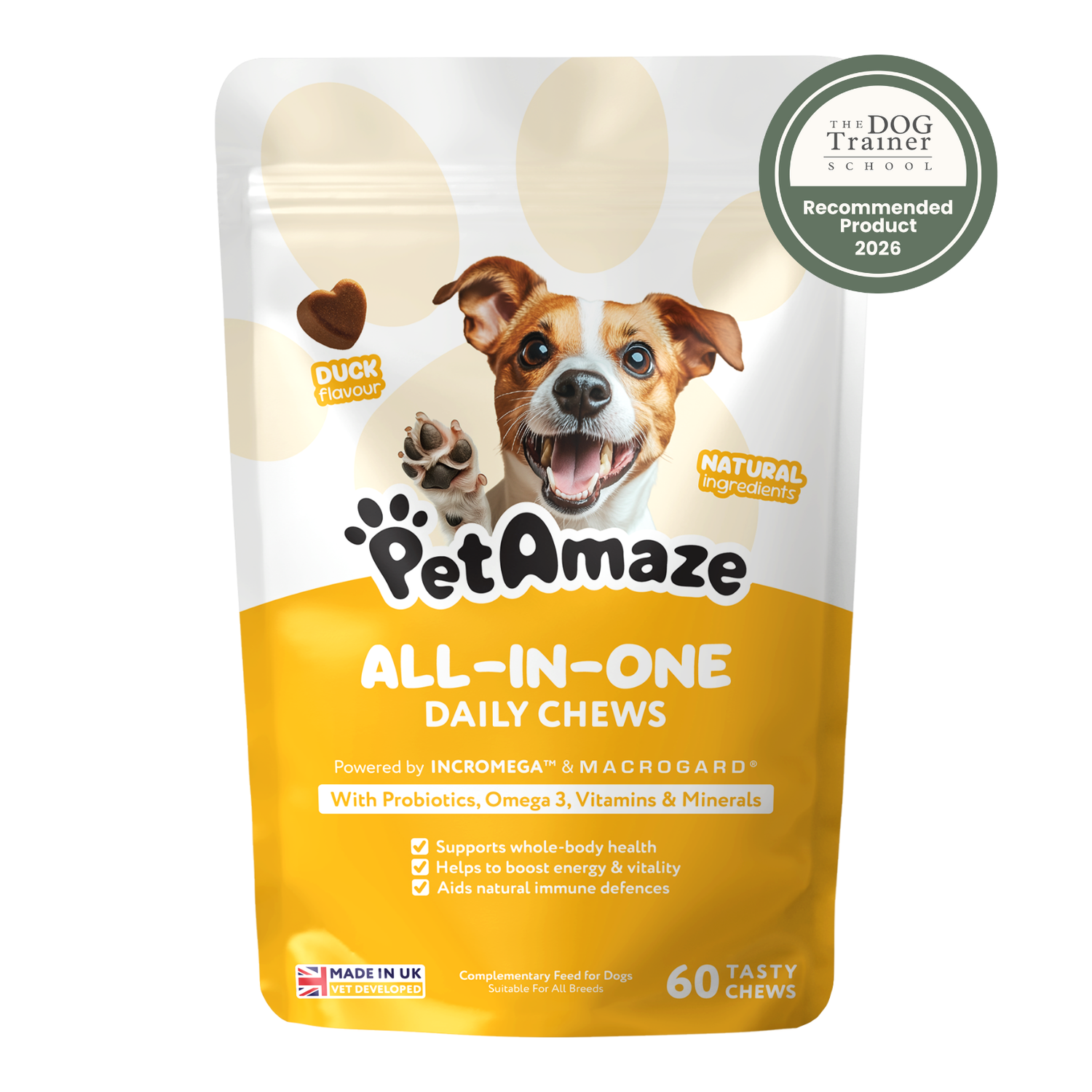 PetAmaze All-in-One Daily Chews packaging with a dog on the label and a 'Recommended Product 2026' badge.