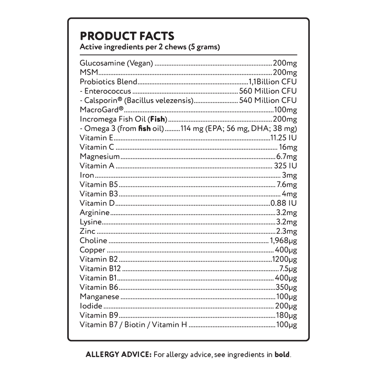 Product facts label for PetAmaze All in One Chews with glucosamine, MSM, probiotics and fish oil