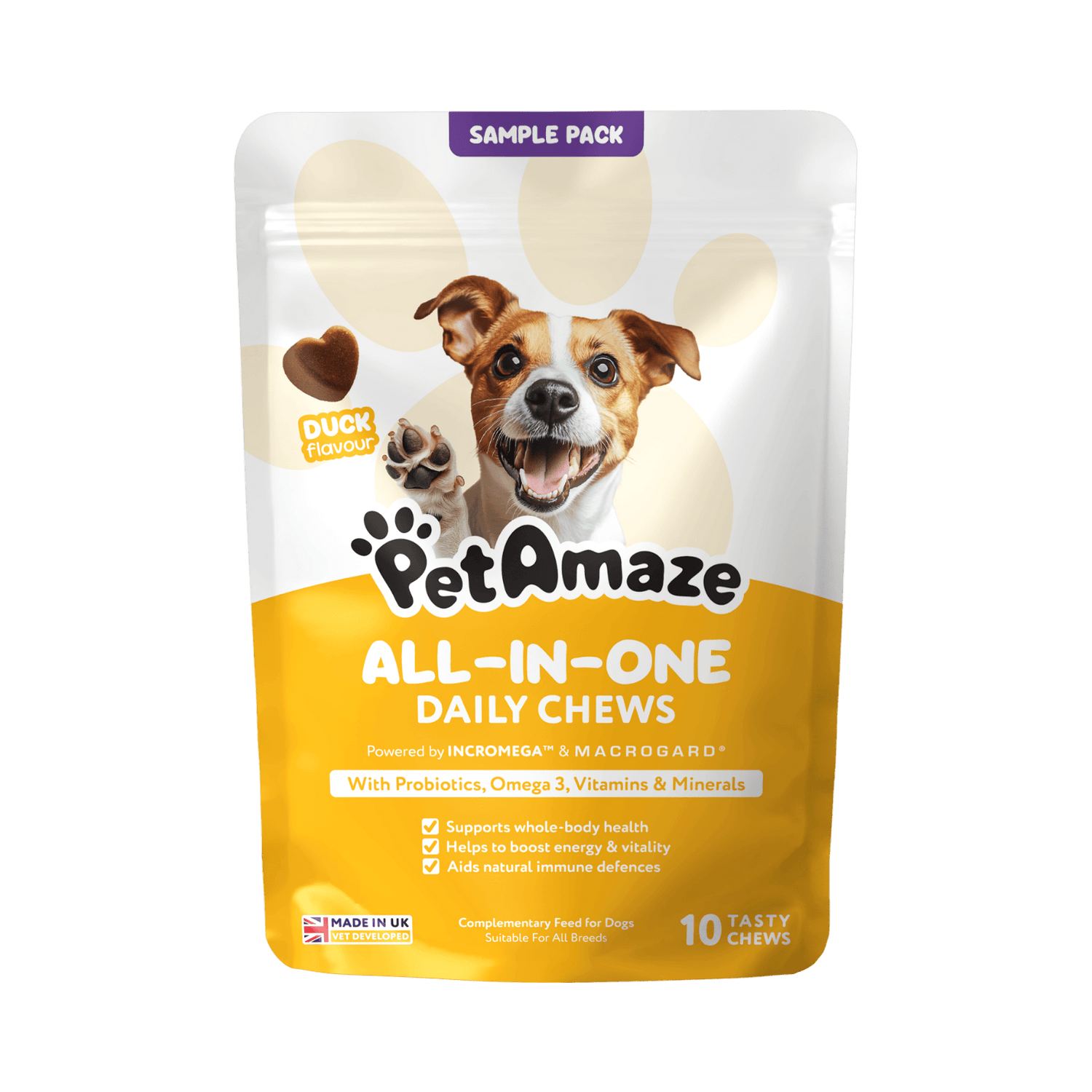 PetAmaze All in One Daily Chews sample pack, duck flavour, 10 chews with probiotics, omega-3, vitamins and minerals for dogs