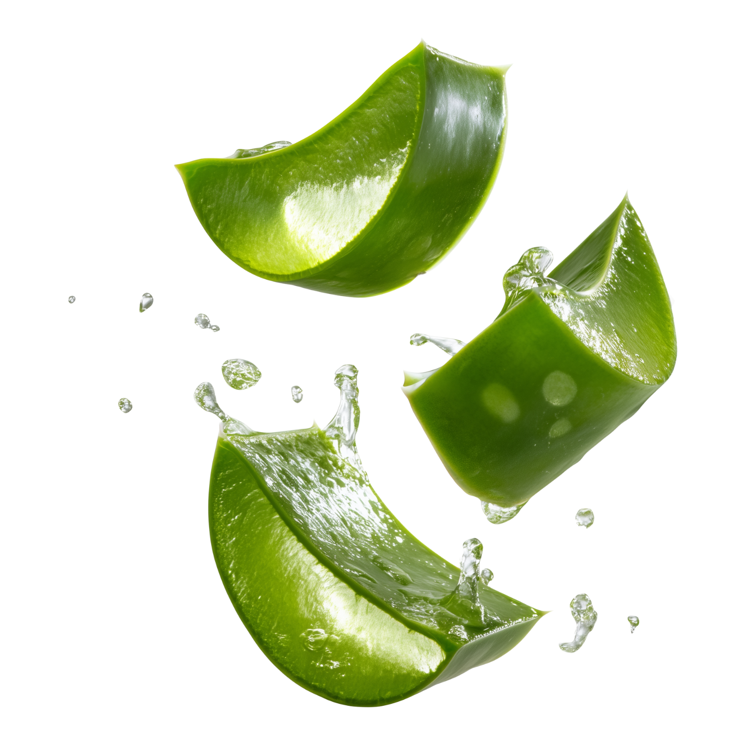 Three green aloe vera leaves with water droplets on a clear background