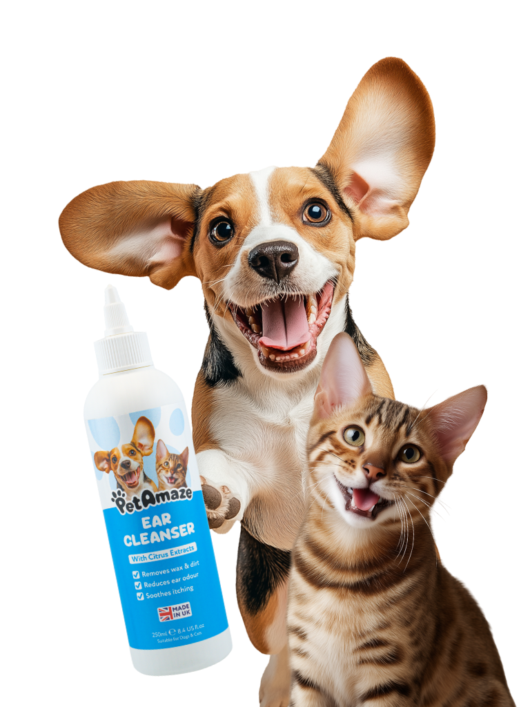 Dog and cat with a bottle of PetAmaze ear cleanser on a white background