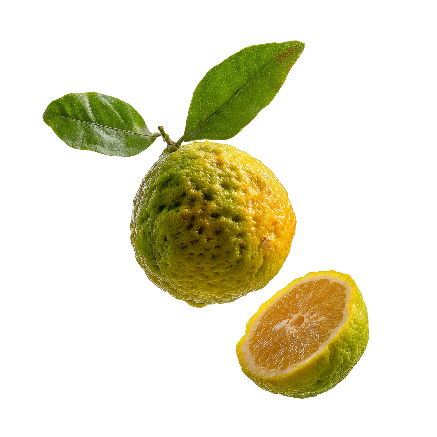 Whole and sliced bergamot with green leaves on a clear background