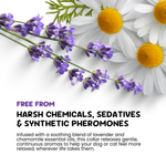 Lavender and chamomile flowers with text about a collar free from harsh chemicals and sedatives.