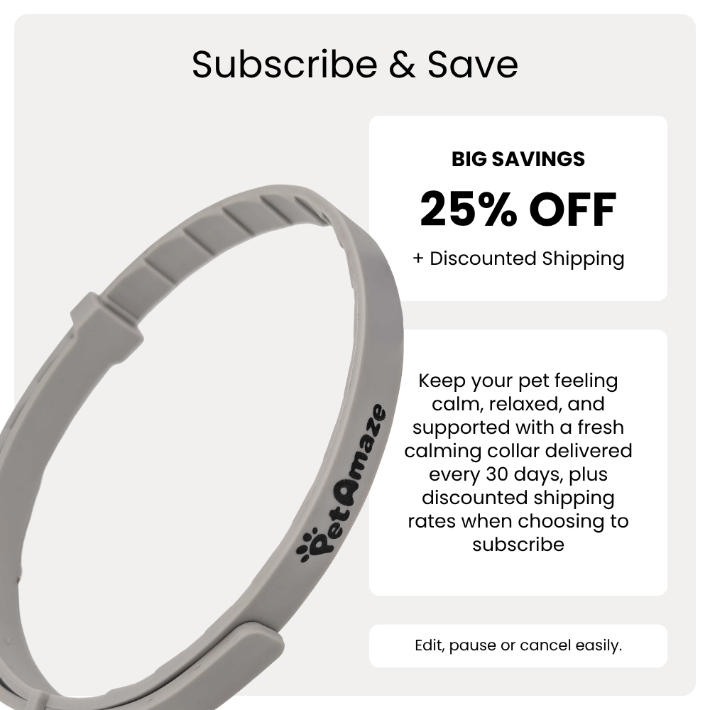 Pet calming collar with promotional text for subscription and savings on a white background