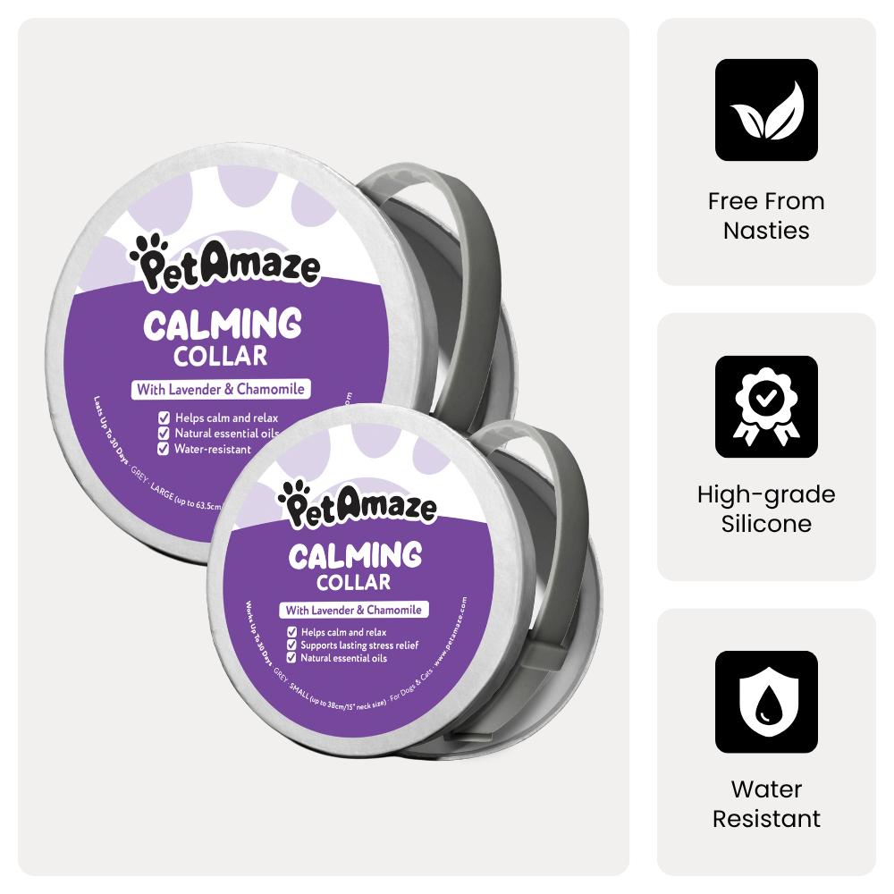 PetAmaze Calming Collar packaging with purple labels on a white background