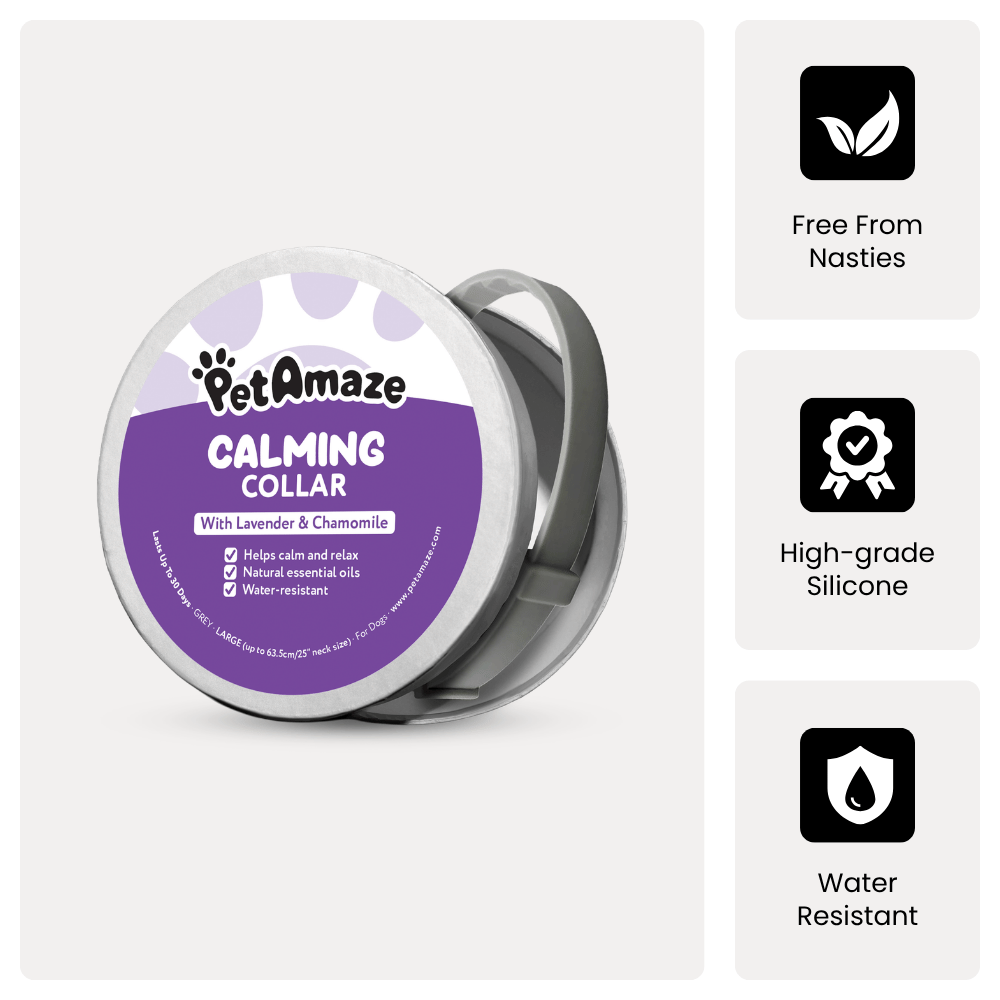 PetAmaze calming collar packaging with purple label on a white background