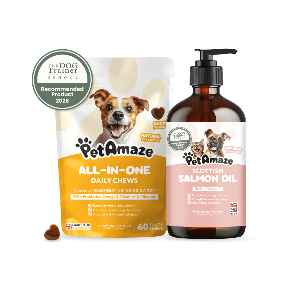 PetAmaze dog product package including chews and salmon oil on a white background