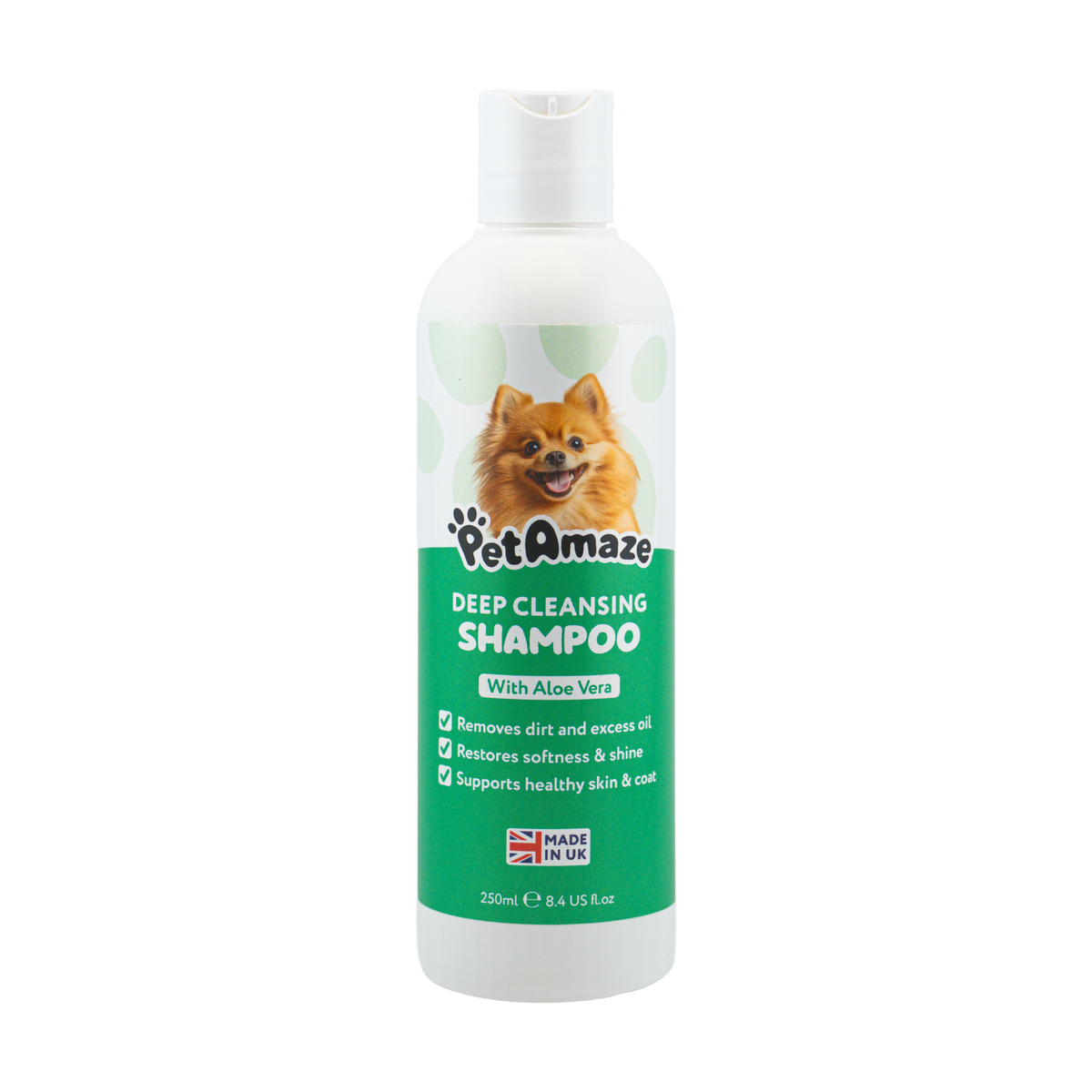 PetAmaze deep cleansing shampoo bottle with a dog illustration on a white background