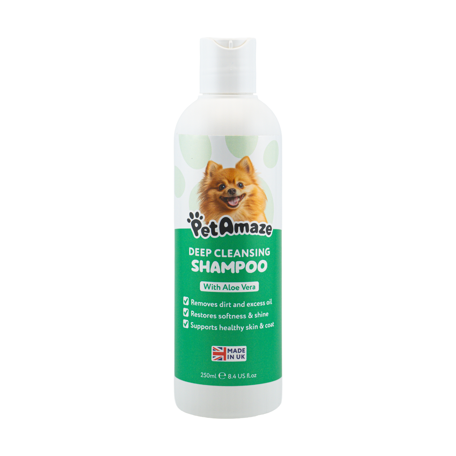 PetAmaze deep cleansing shampoo bottle with a dog illustration on a white background