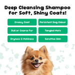 Deep cleansing shampoo with a dog and listed benefits on a green background.