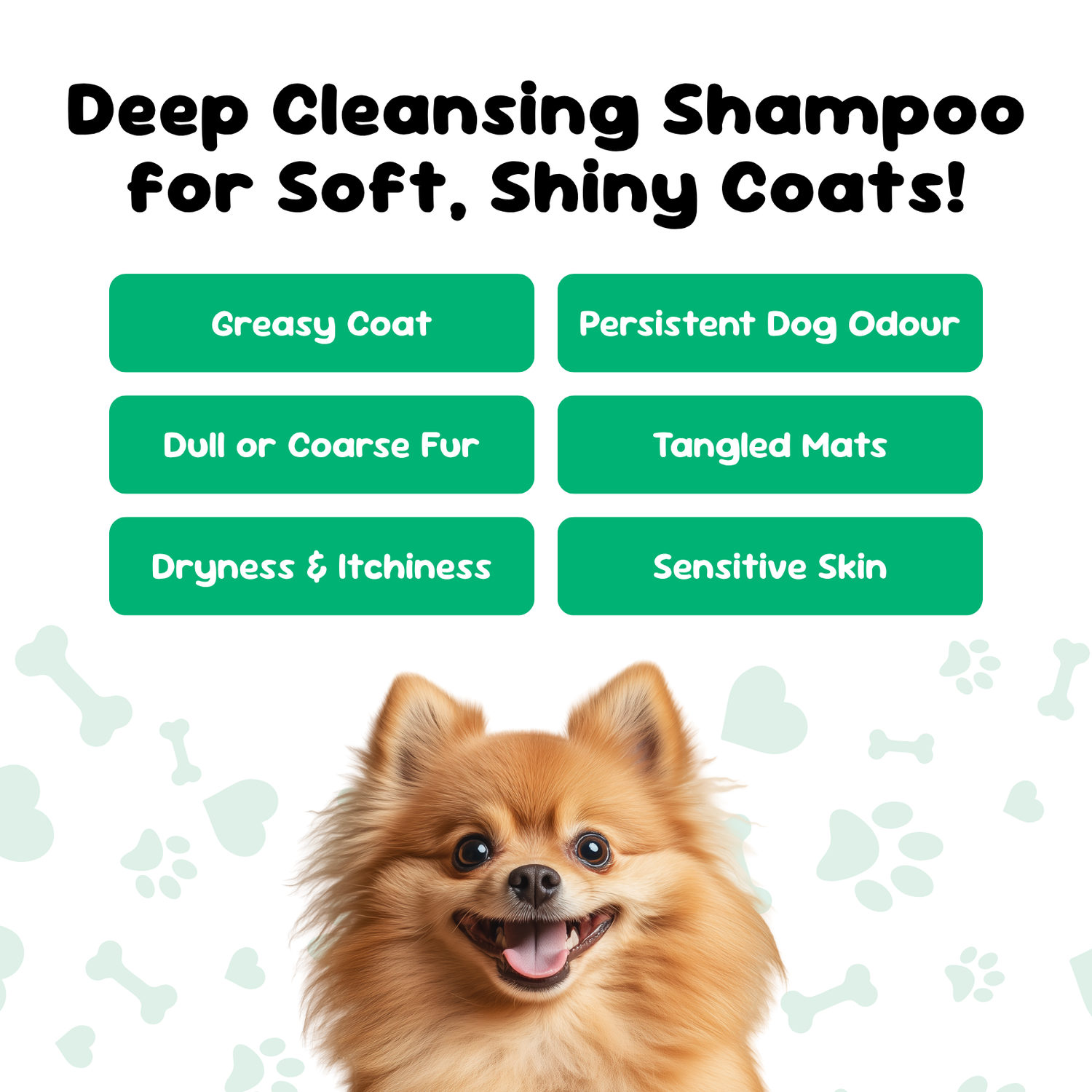 Deep cleansing shampoo with a dog and listed benefits on a green background.