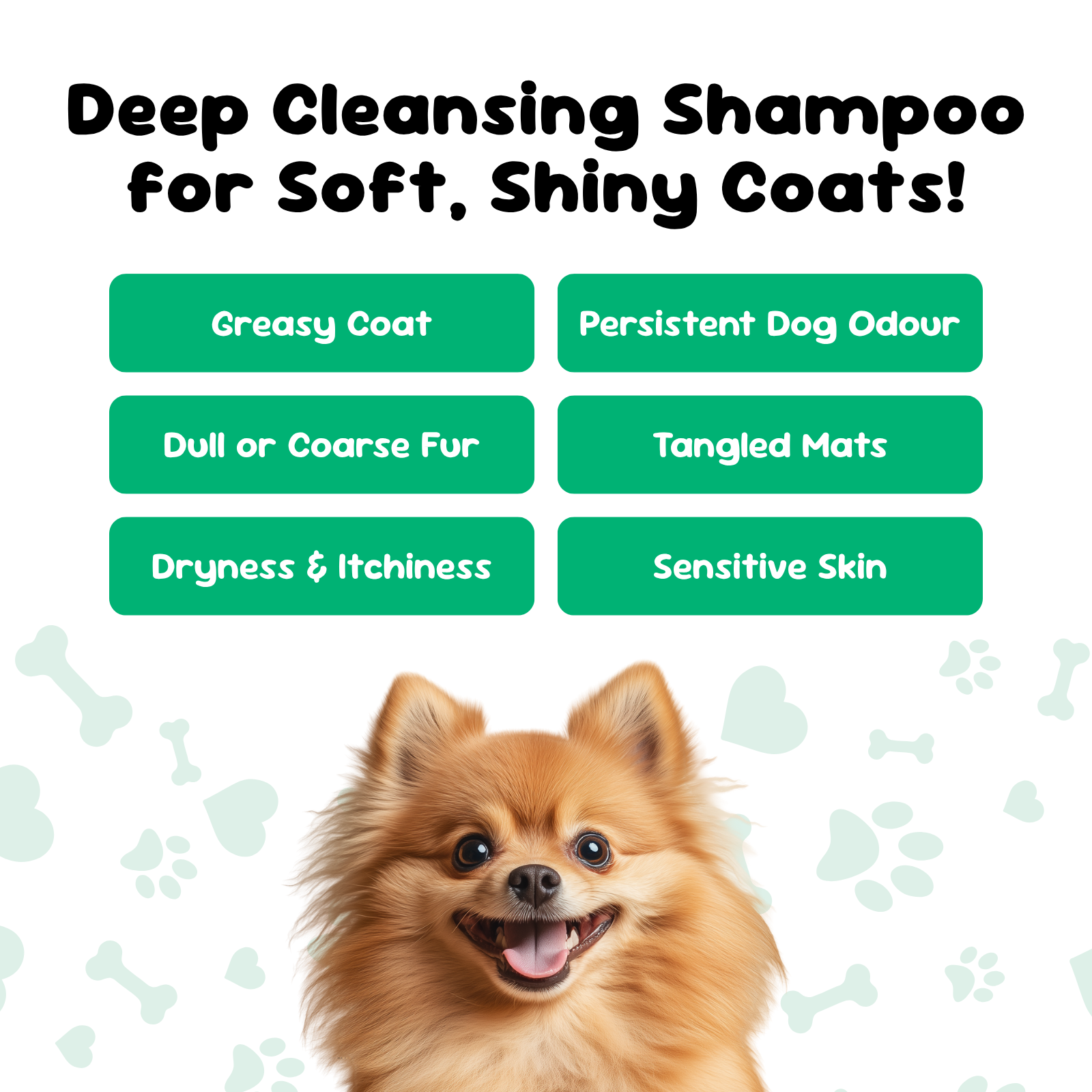 Deep cleansing shampoo with a dog and listed benefits on a green background.