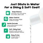 Dog shampoo with text on how to use it for a shiny and soft coat, including dilution instructions.