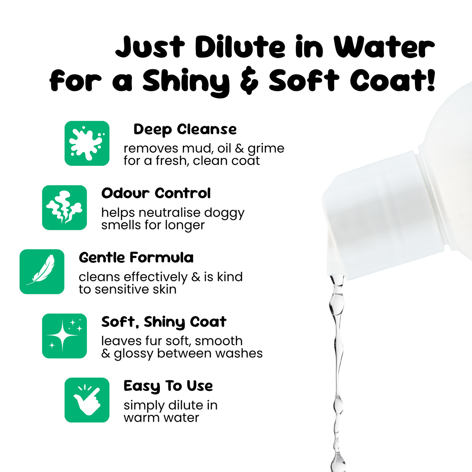 Dog shampoo with text on how to use it for a shiny and soft coat, including dilution instructions.