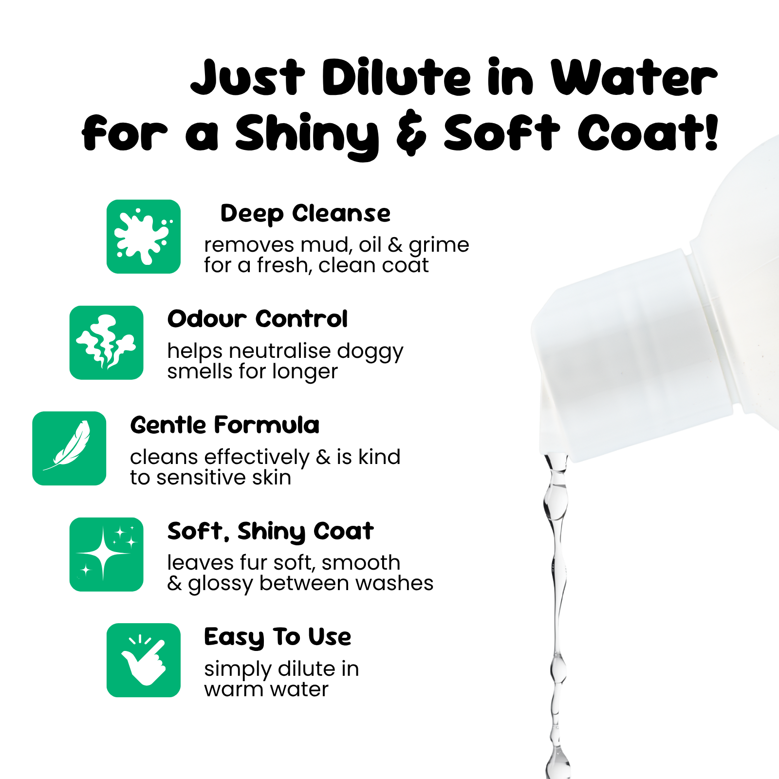 Dog shampoo with text on how to use it for a shiny and soft coat, including dilution instructions.