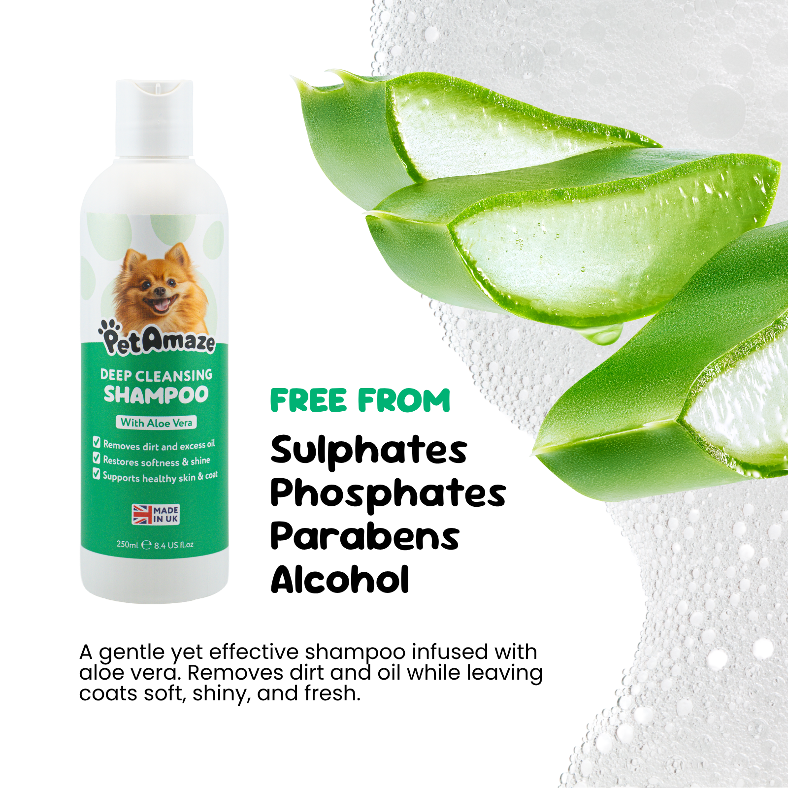PetAmaze dog shampoo bottle with aloe vera leaves on a white background
