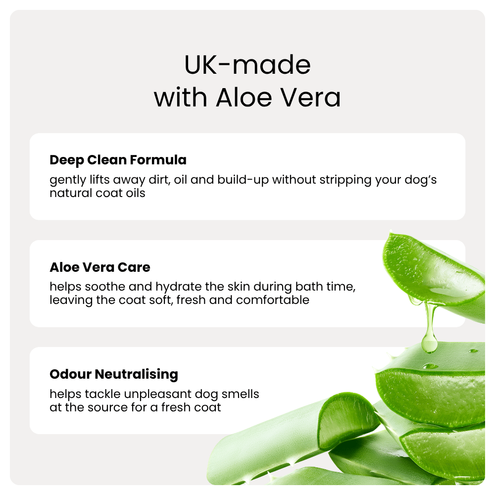 Product description card for a UK-made aloe vera-based pet care product with text and aloe vera leaves.