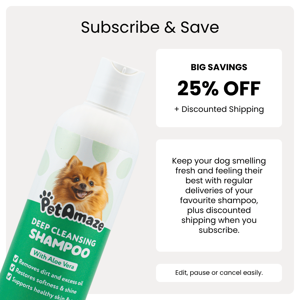 PetAmaze shampoo bottle with promotional text for subscribing and saving.
