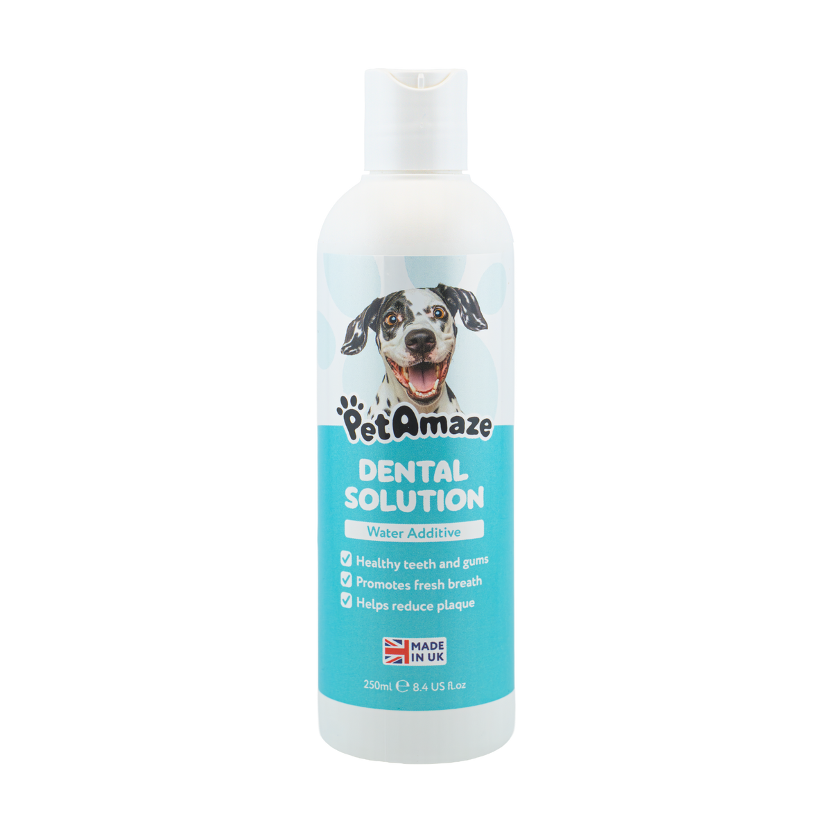 Bottle of PetAmaze Dental Solution for dogs on a white background
