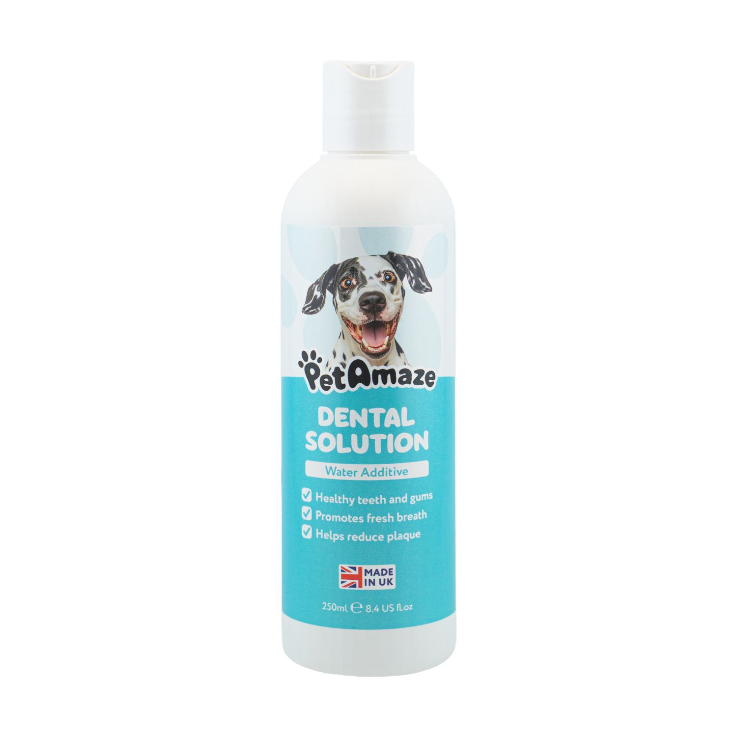 Bottle of PetAmaze Dental Solution for dogs on a white background