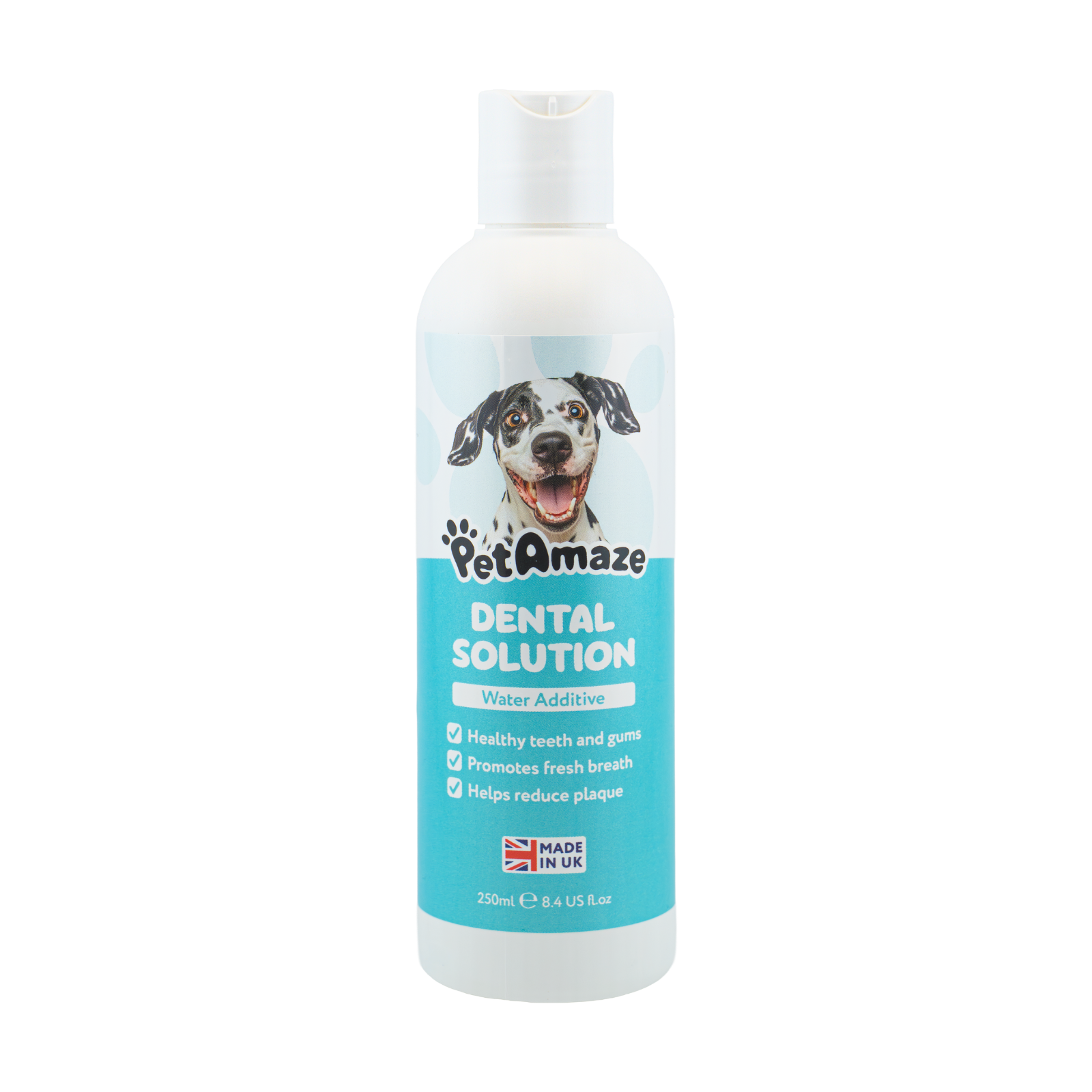 Bottle of PetAmaze Dental Solution for dogs on a white background
