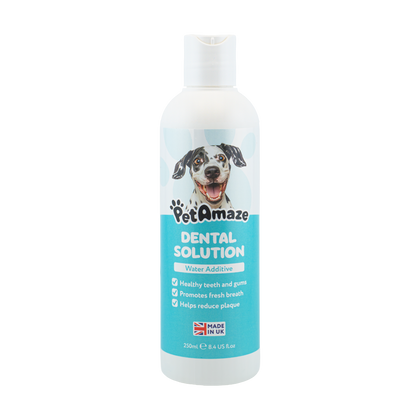 Bottle of PetAmaze Dental Solution for dogs on a white background