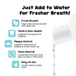Dental solution with text and icons for fresh breath, teeth and gum health, plaque control, taste neutral, and easy to use features.
