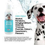 PetAmaze dental solution bottle with a Dalmatian dog and product details on a white background