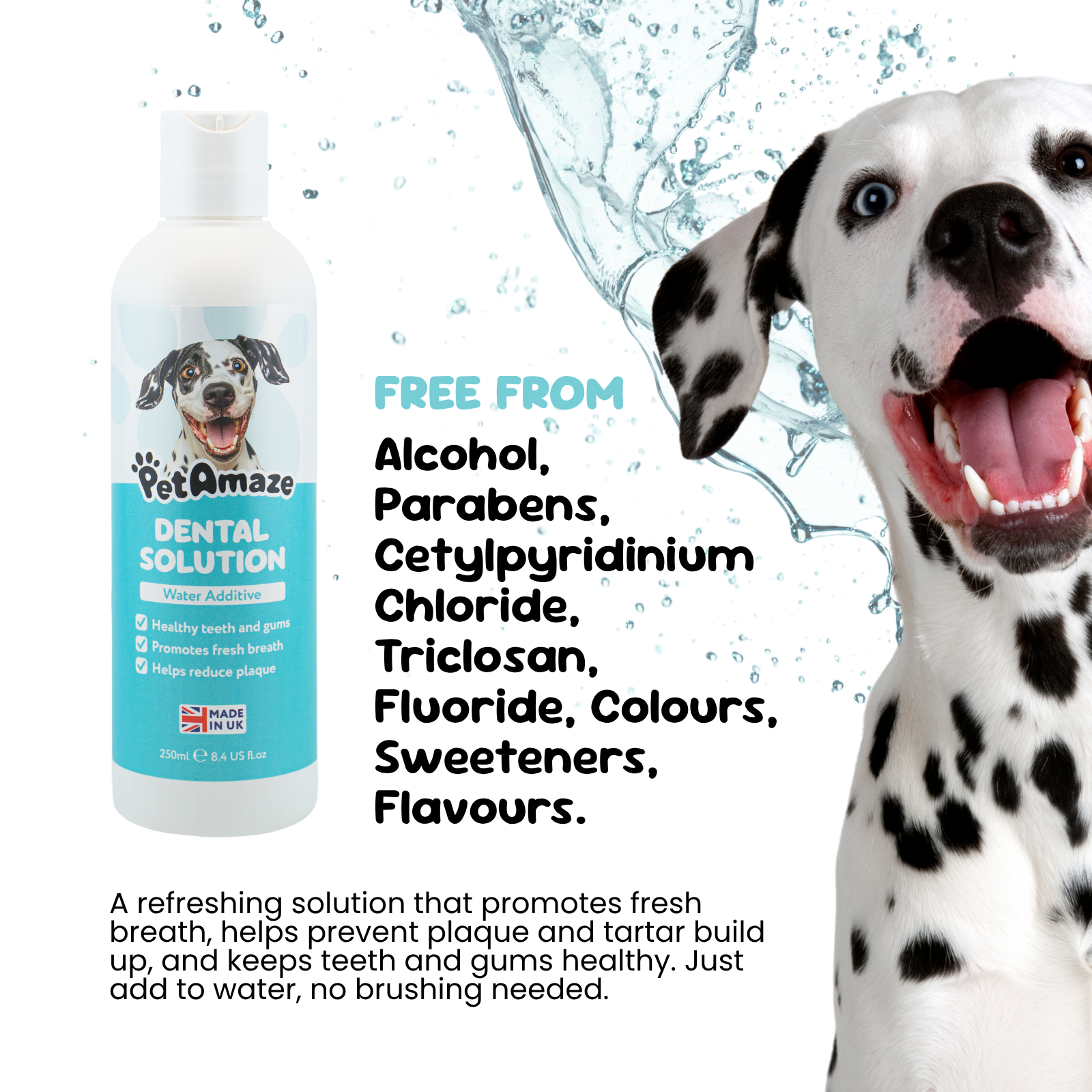 PetAmaze dental solution bottle with a Dalmatian dog and product details on a white background