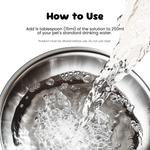Water being poured into a dog bowl with text on how to use a solution.