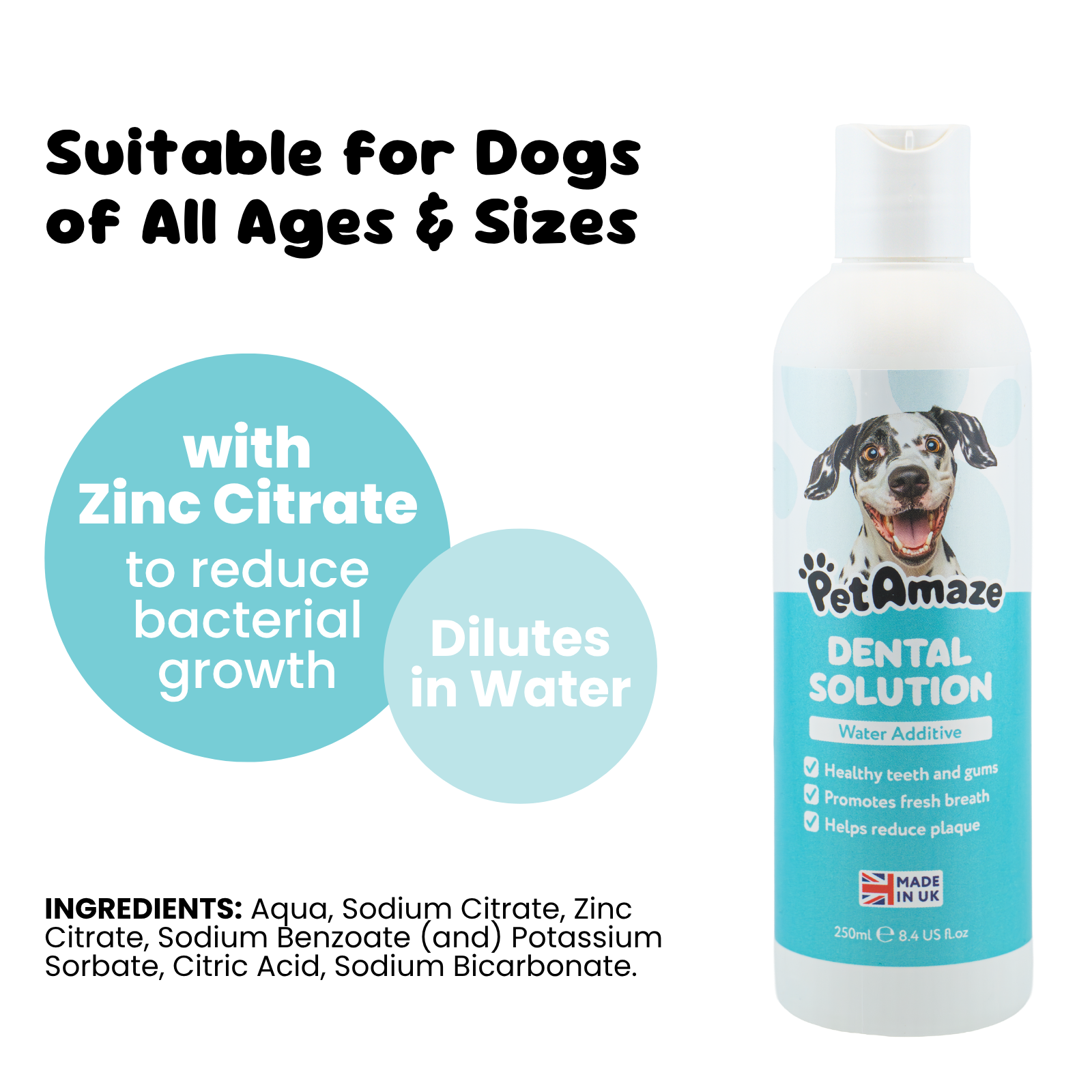 PetAmaze dental solution bottle with text about its suitability for dogs and ingredients.