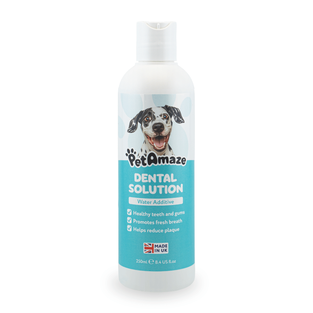 PetAmaze dental solution bottle with a dog on the label against a white background