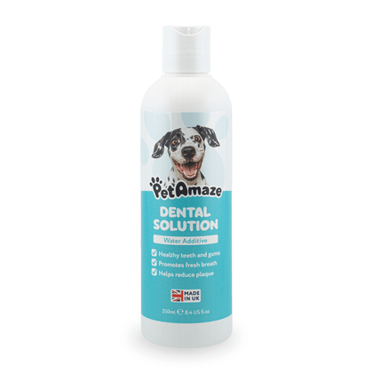 PetAmaze dental solution bottle with a dog on the label against a white background