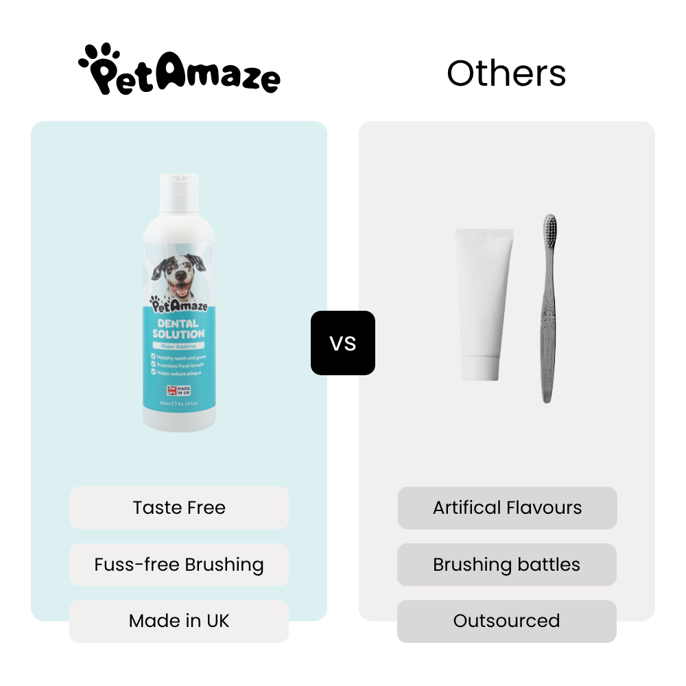 Comparison of PetAmaze product with other grooming items on a white background
