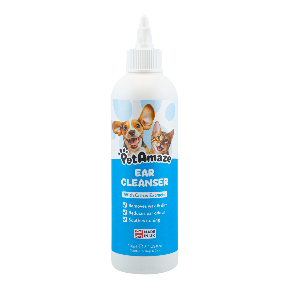PetAmaze ear cleanser bottle with images of a dog and cat on a white background