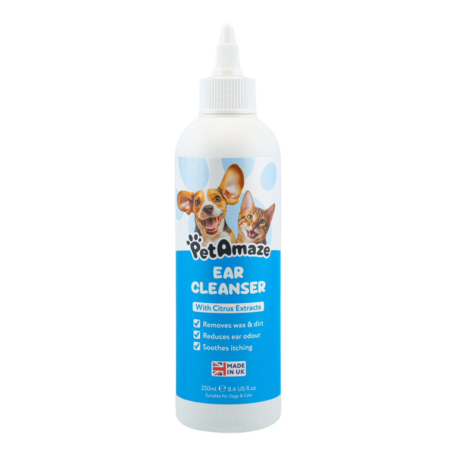 PetAmaze ear cleanser bottle with images of a dog and cat on a white background