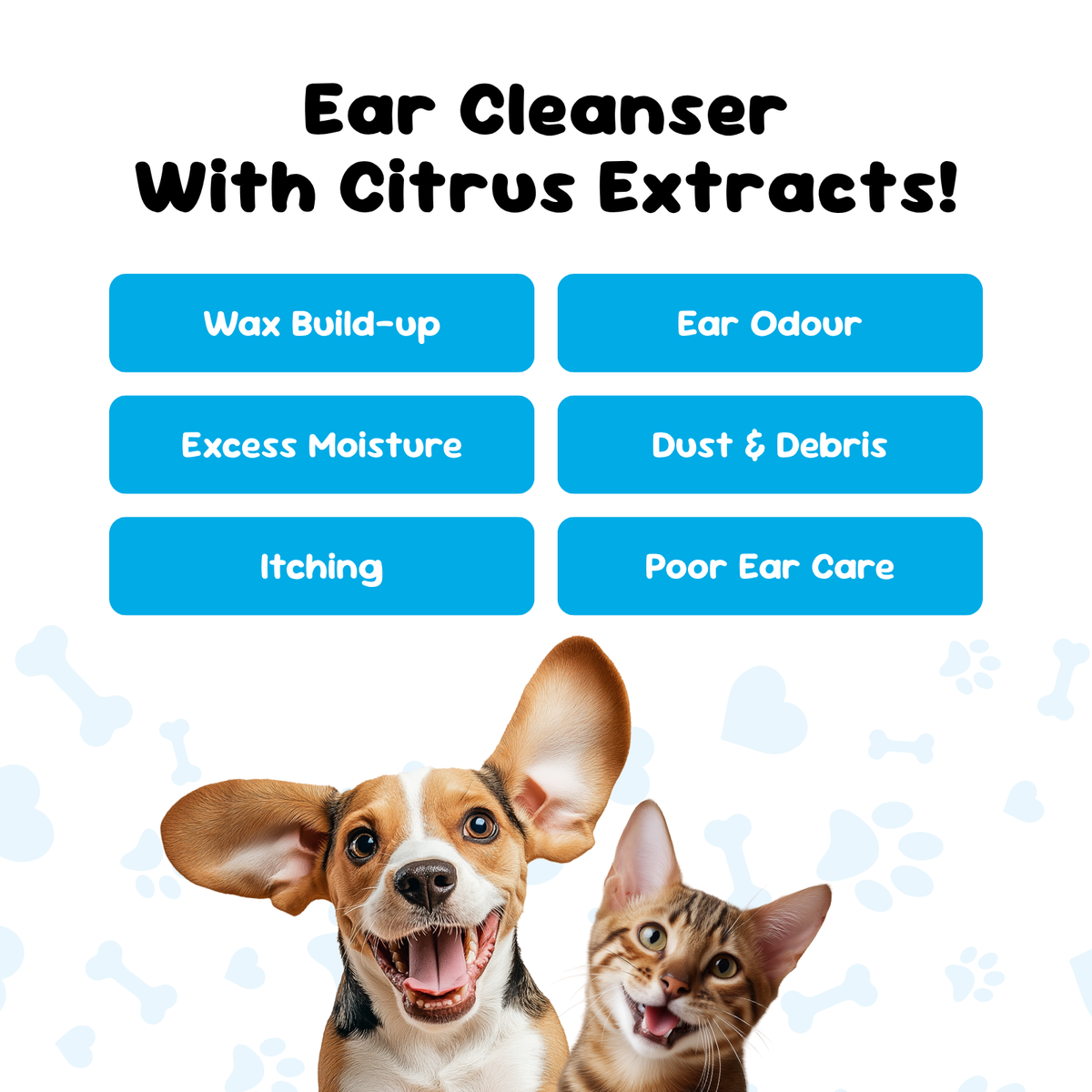 Ear cleanser with citrus extracts featuring a dog and cat on a white background.