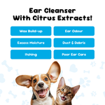 Ear cleanser with citrus extracts featuring a dog and cat on a white background.