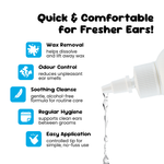 Bottle of ear cleaning solution with features listed on a white background