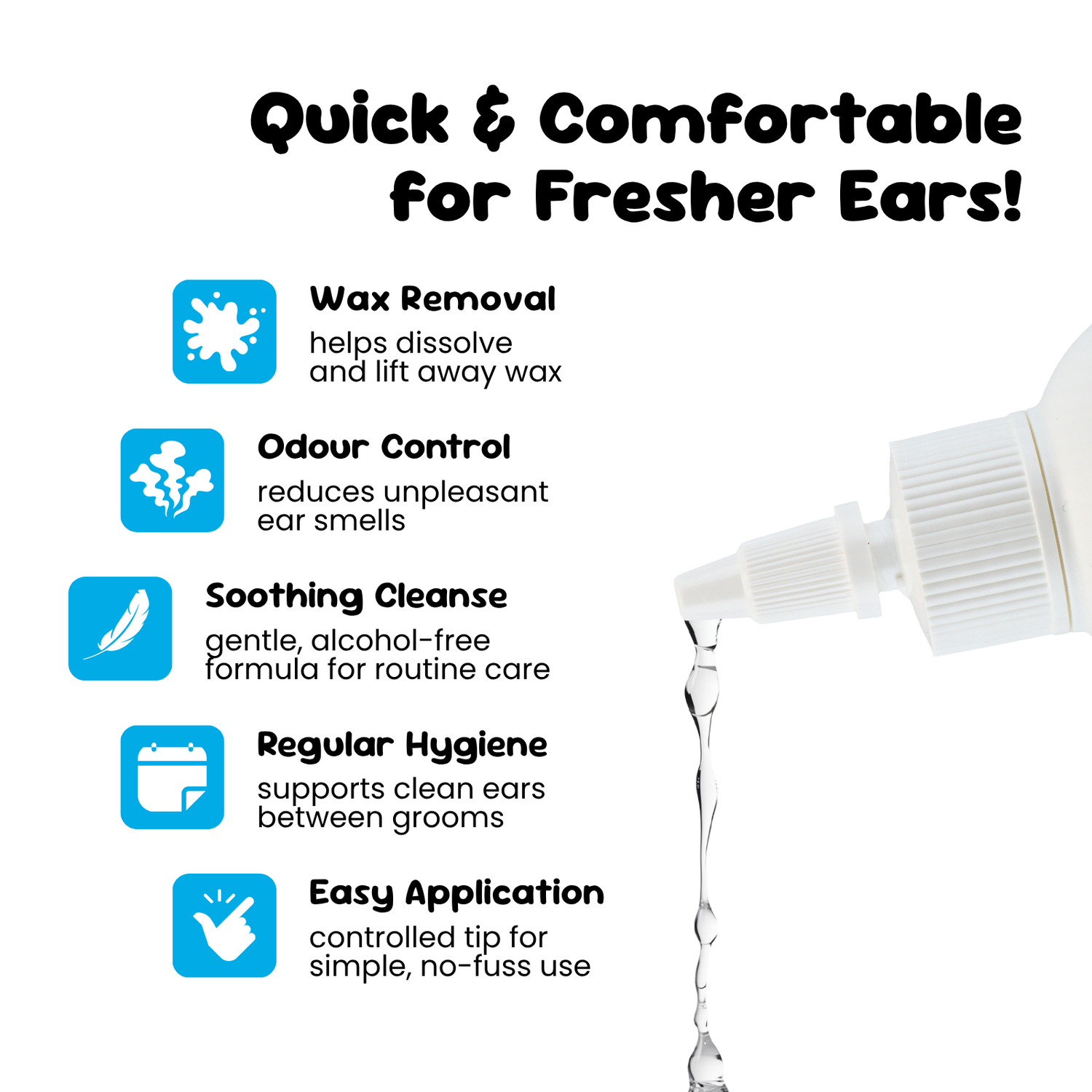 Bottle of ear cleaning solution with features listed on a white background