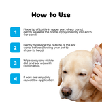 Dog ear cleaning instructions with a close-up of a dog's ear being cleaned.